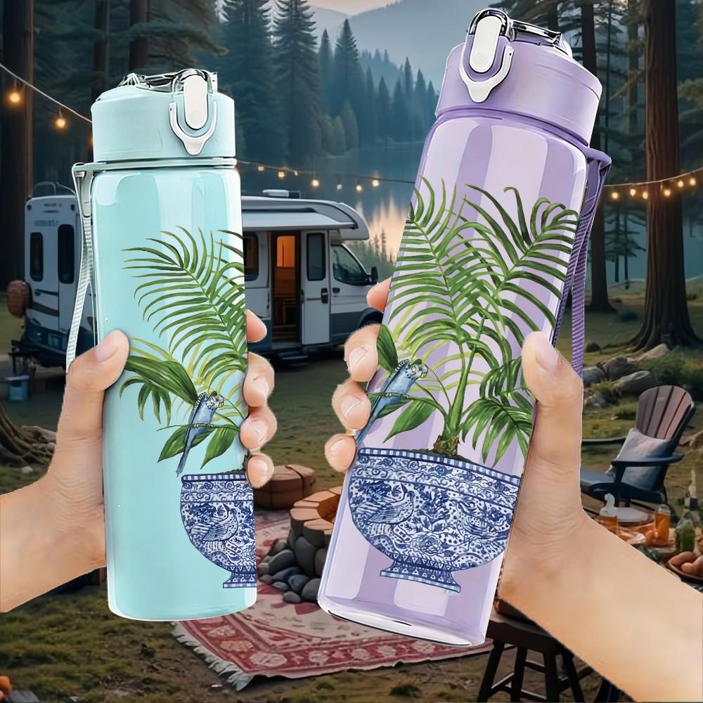 1PC Potted Plant Vintage Retro Pattern 750ml Color Plastic Sports Water Bottle Leakproof Flip Straw Lid Suitable for Sports Office Home Use