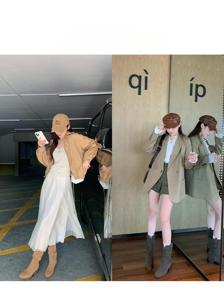 8Cm Heightening V-mouth Thick Heel Short Boots Children's New Autumn and Winter Retro Large Tube Circumference Thin Thick-soled Short Tube Stacking B