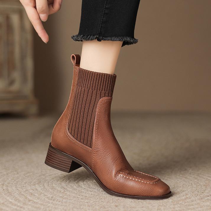 

French stretch socks boots women s thick heel temperament knitted square head short boots 2025 new splicing apricot medium heel boots autumn 40