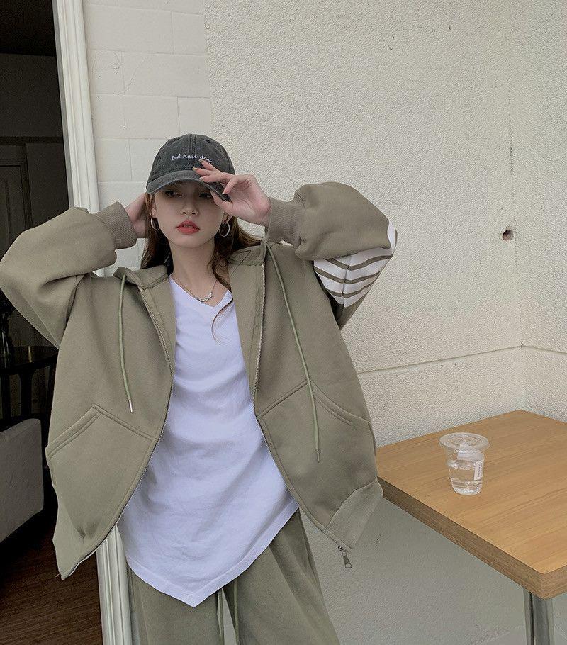 Korean Style Women's Tracksuit Set - Loose Zipper Hoodie Casual Fashion for Autumn/Spring