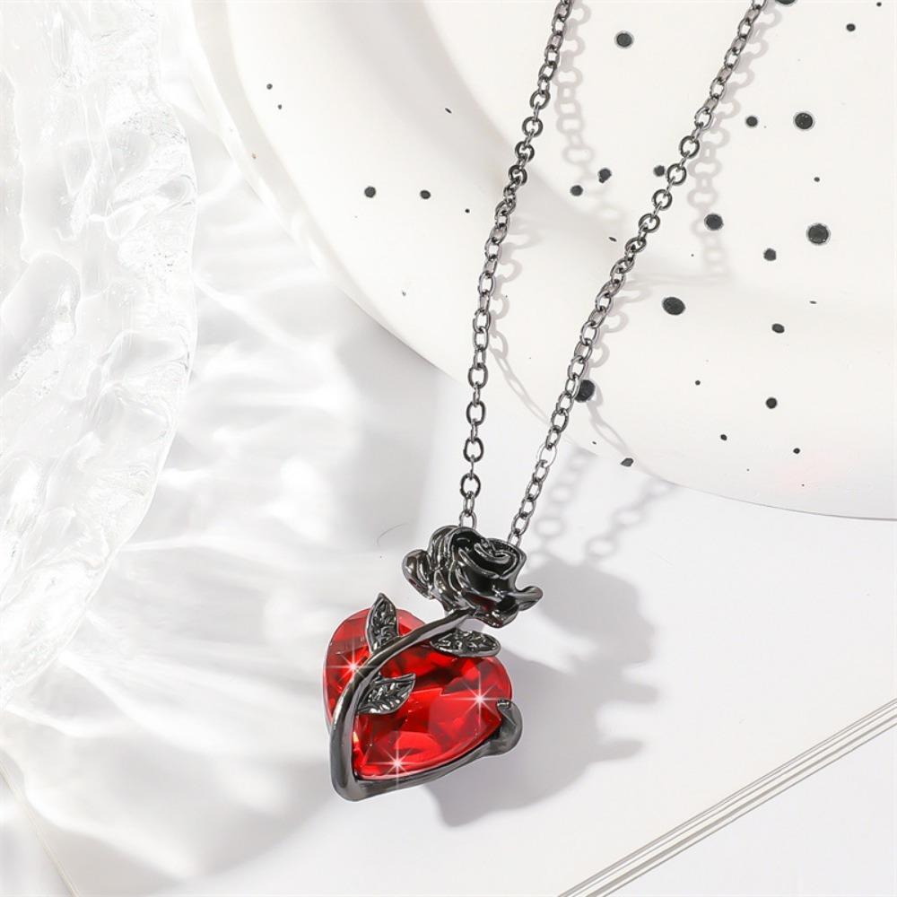 Elegant Copper Red Heart Pendant Necklace with Rose Detail for Men, Versatile Simple Chain for Daily and Wedding Occasions