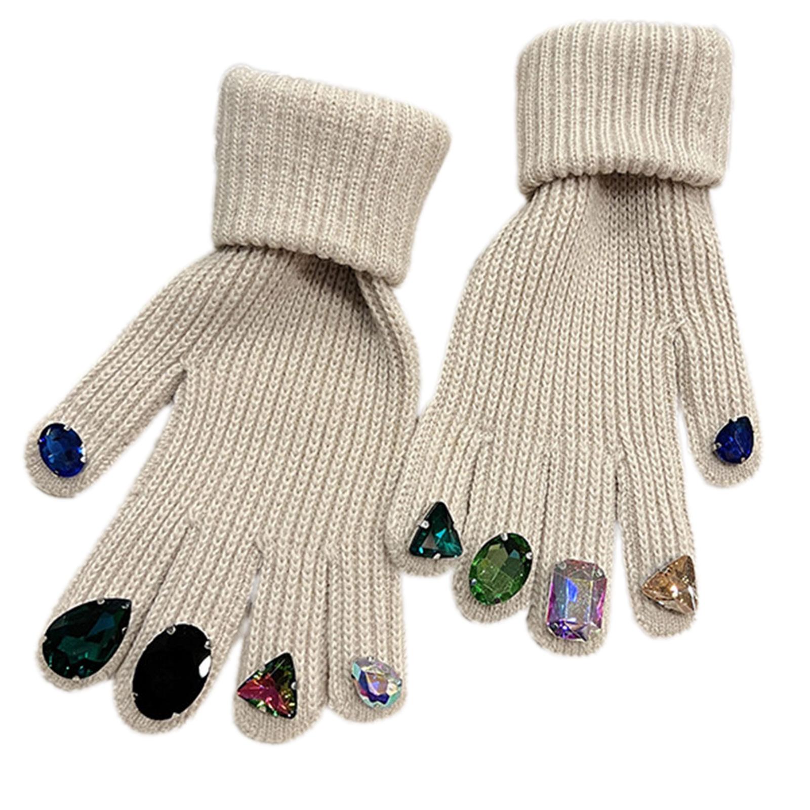 

Touchscreen Rhinestone Gloves Women Knit Gloves with Rhinestone on Finger Tips Winter Full Finger Gloves Luxury Mittens бежевый