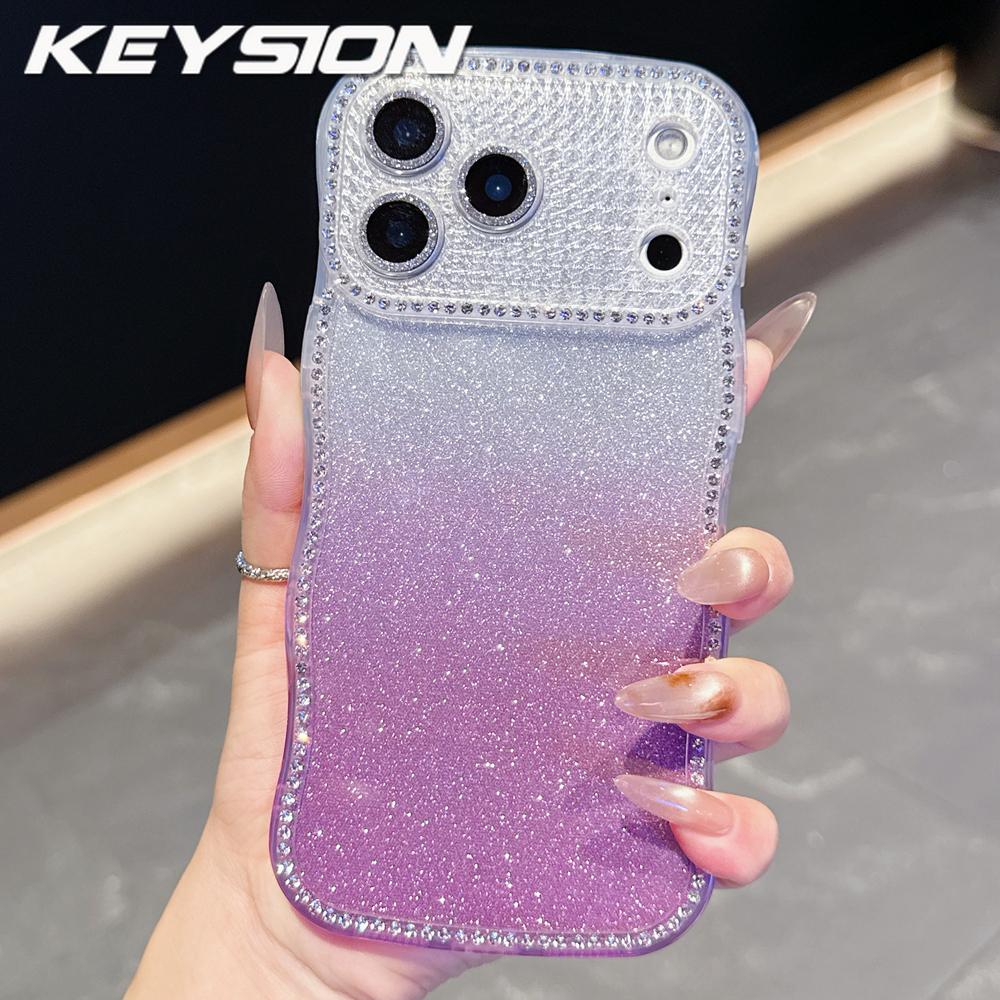 KEYSION Gradient Glitter Jewelled Phone Case for iPhone 16 17 Pro Max Air 16 Plus Wavy Border Lens Protector Shockproof Cover