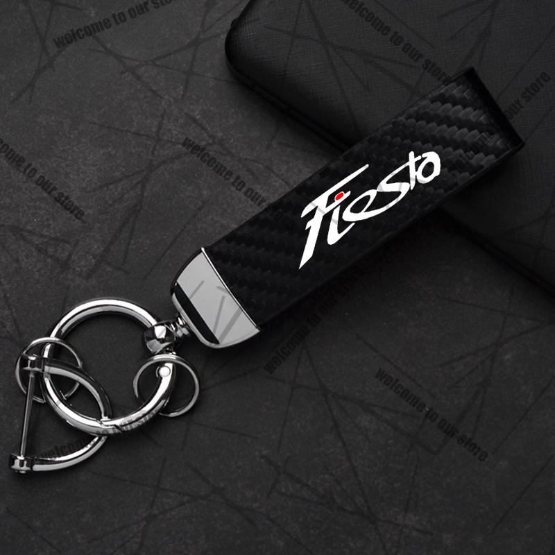 AAAMG1 Car Keychain For Ford Fiesta ST MK6 MK7 MK8 Logo Carbon Fiber Leather Zinc Alloy Emblem Key Chain Accessories