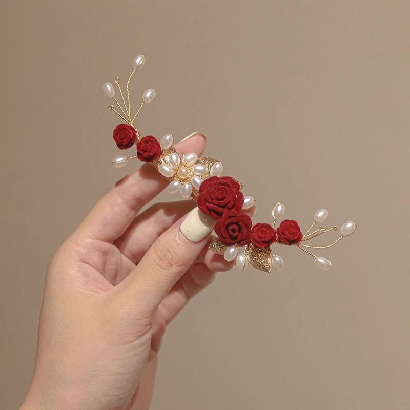 Red Camellia Tassel Hair Clips for Bridal Updo or Evening Gown
