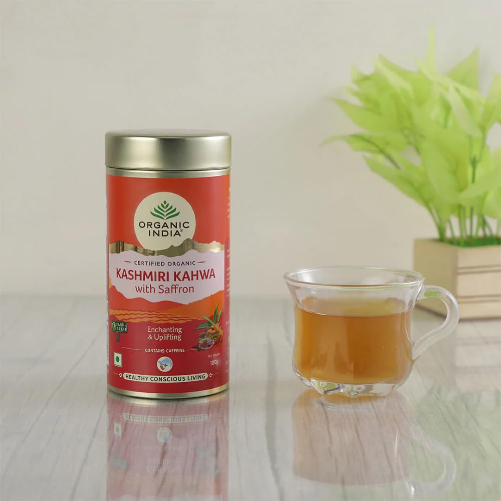 ORGANIC INDIA Kashmiri Kahwa Tea with Saffron 100 Gm Tin – Aromatic Indian Herbal Green Tea Blend for Relaxation