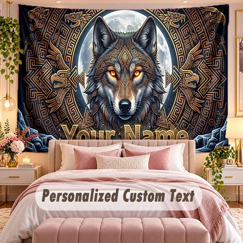 Wolf (275) Theme Wall Tapestry Customized With Name Text Personalized Hanging Tapestry For Bedroom Living Room Decor