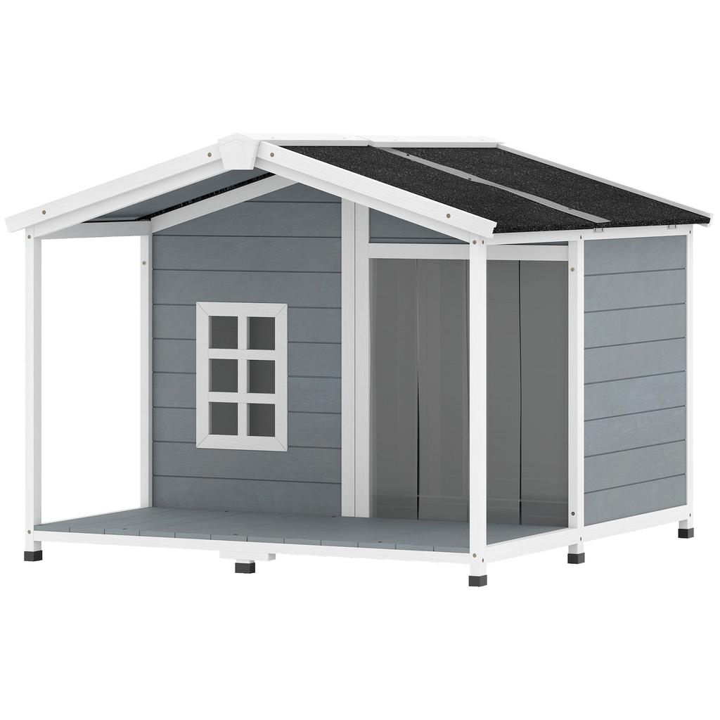 Dog House Weatherproof Elevated Dog House Made of Wood with Asphalt Roof, Terrace, for Medium-Sized Dogs 103x107x83.5cm Grey