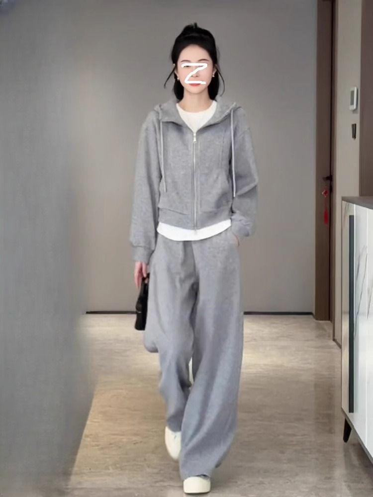 Conjunto de Ropa Deportiva para Mujer con Forro Polar: Sudadera con capucha y pantalones de pernera ancha para otoño/invierno casual y para correr.