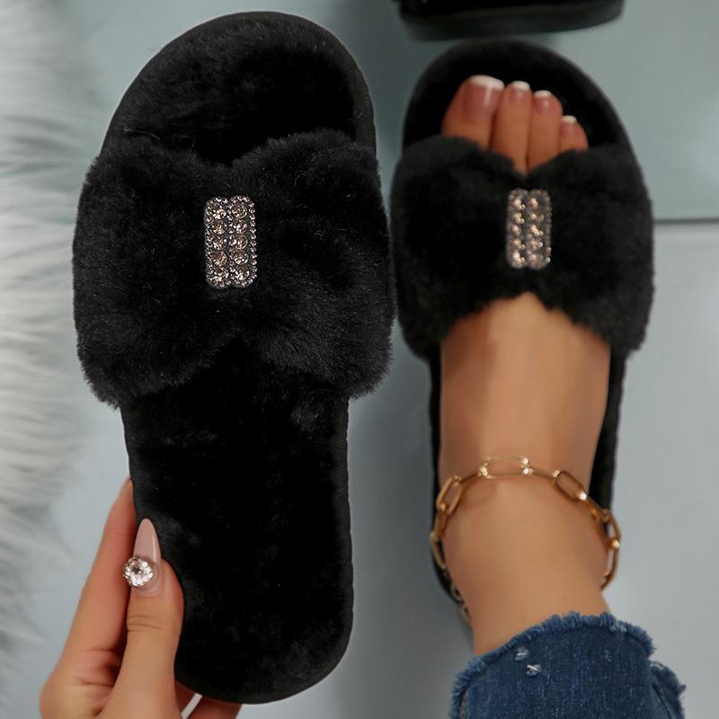 

Модные зимние домашние тапочки из хлопка для женщин, теплые плюшевые шлепанцы из искусственного меха, элегантный кристальный декор, женские тапочки с мехом 42-43 чёрный