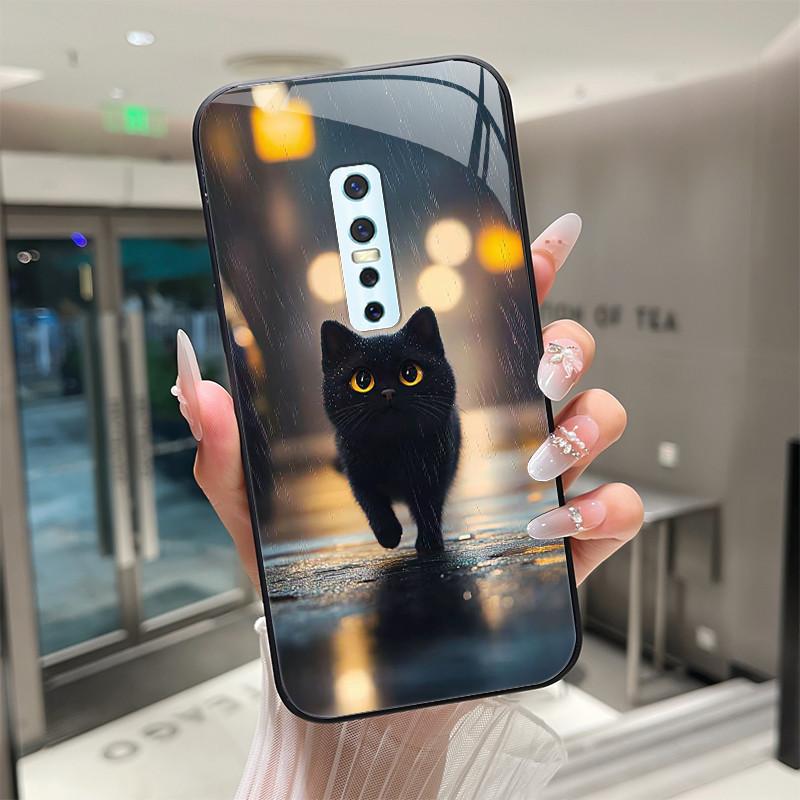 For VIVO V17 Pro Phone Case 1909 1910 Cover Beautiful Flower Cute Cartoon Cats Tempered Glass Back Coque Protective Hard Shell Vivo 1909 1910