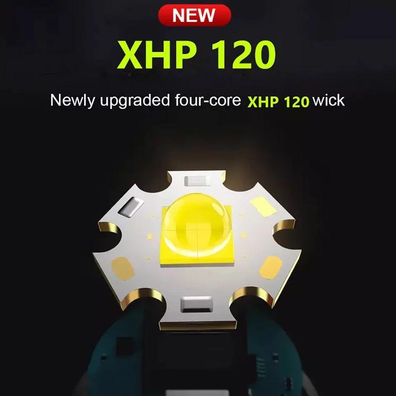 Powerful LED Flashlight XHP120 Rechargeable Portable Tactical Torch Super Bright Camping Outdoor Search and Adventure Flash Lamp