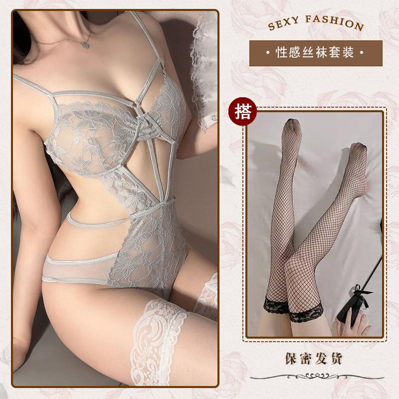 Hollow and thin sexy underwear sexy onesie temptation strap perspective lace free purple n