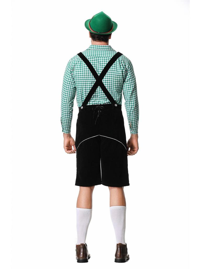 Men's Oktoberfest Outfit: Plaid Shirt, Denim Overalls, and Hat