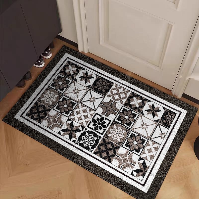 Black Line Flower Tile Doormat - Indoor/Outdoor Entryway Scraper Mat