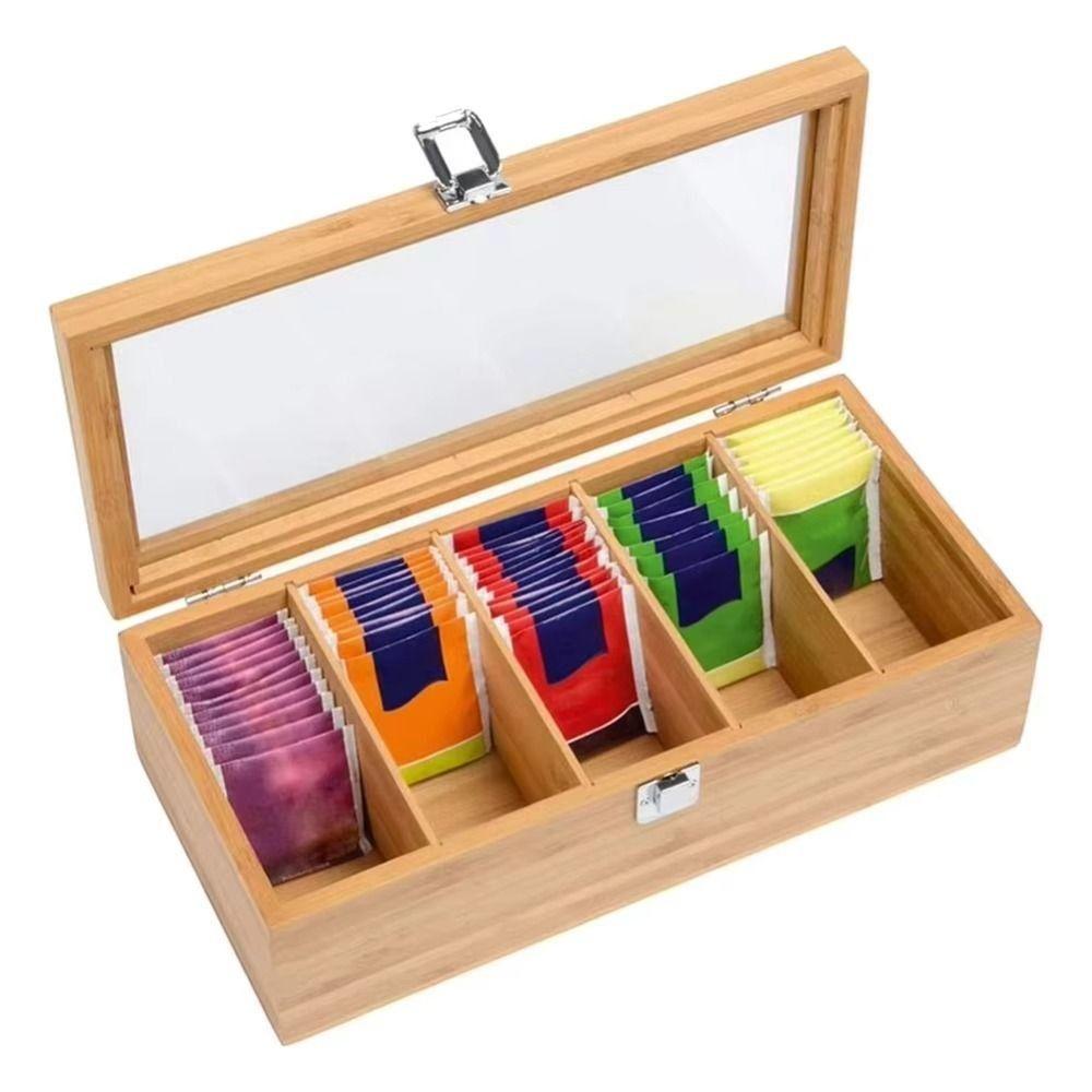 Gift Box Wooden Tea Bag Storage Boxes Dustproof Acrylic Lid Jewelry Organizer 5/9 Grids Rectangular Tea Box Holder Kitchen Bar