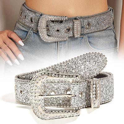 Damen Breitbund Glänzender PU-Lederriemen für Western-Gürtel für Mädchen Y2K Herren Strass F B7L6