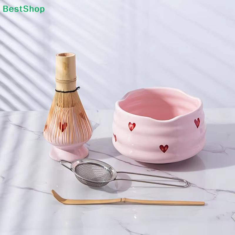 Pink Heart Matcha Whisk Set | Bamboo Chasen & Ceramic Bowl/Stand Kit for Matcha Preparation