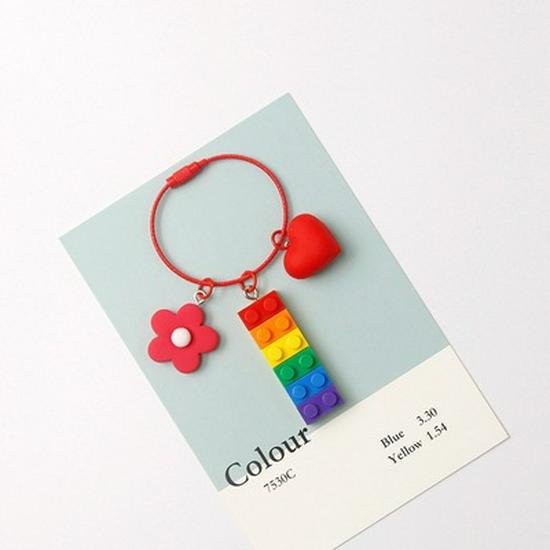 Adorable Rainbow Building Blocks Bell Keychain - Pink Cartoon Gift Decoration