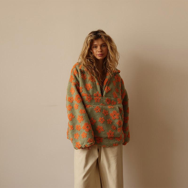 Hanorac Fleece de Damă cu Imprimeu Floral, Cald, Lână de Miel, Guler Înalt, Hanorac cu Fermoar, Larg, Moale, Pulover, Toamnă/Iarnă 2025