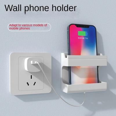 Wall Mount Phone Holder White Punch Free Wall Mobile Phones Charging Stand Lazy Sticky Remote Control Storage Box