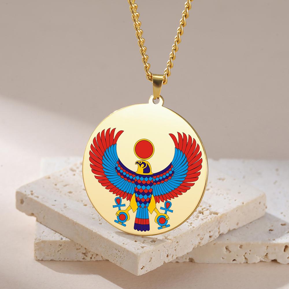 Dawapara Pharaonic Horus Necklace Winged Sun Disk Horus Falcon Necklace Ancient Egyptian Guardian Amulet Stainless Steel Jewelry