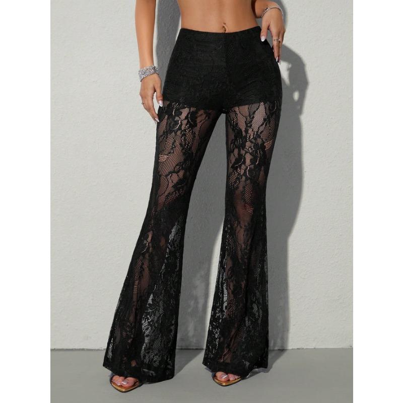 Pantaloni Lunghi da Donna in Pizzo Trasparente a Zampa Slim Fit