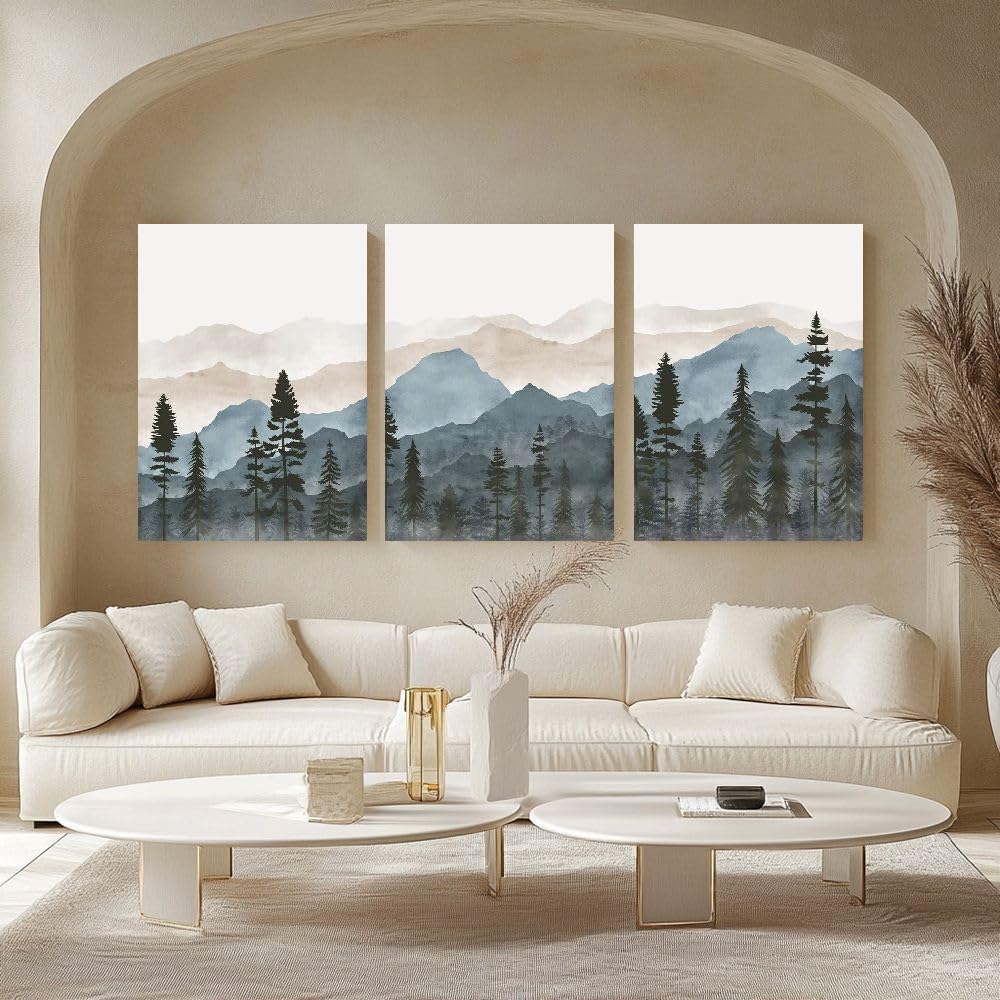 LAKELUUYAA Nordic Modern Abstract Blue Watercolor Canvas Art Posters, Set of 3 - Framed Landscape Art Panels for Living RoomBedroom, Stylish Interior