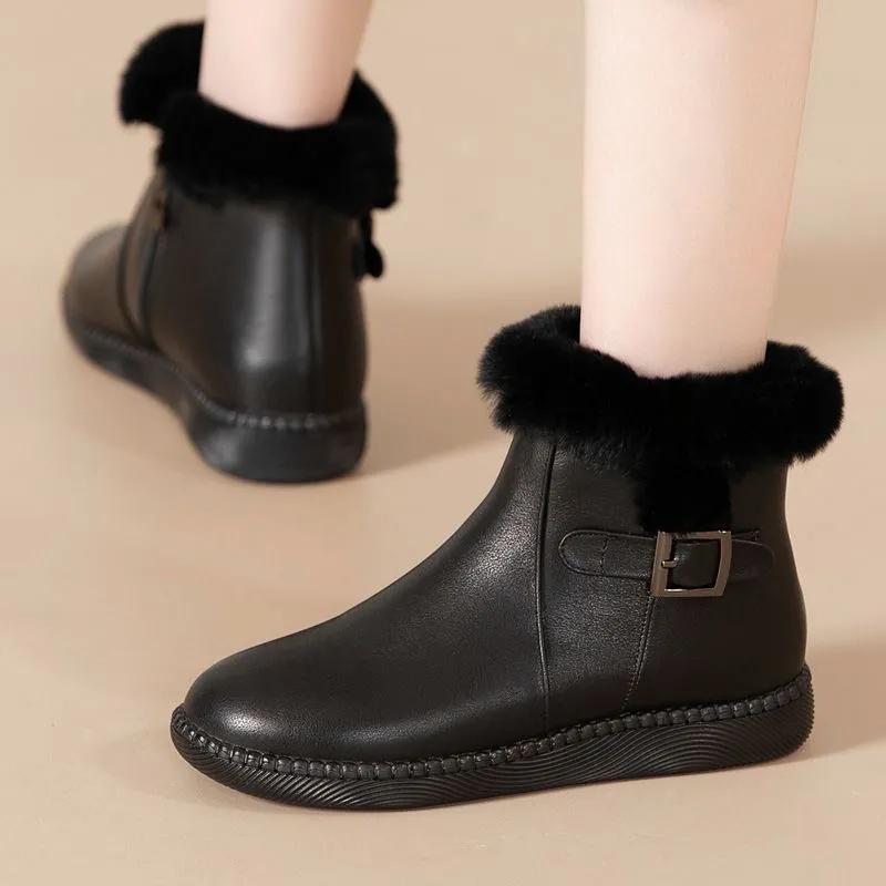 Flat-bottomed Short Boots, Women's Winter Mother Shoes, Rabbit Fur Thick Cotton Shoes, Women's Boots, Soft-soled Plus Velvet Leather Shoes, Snow Boots
