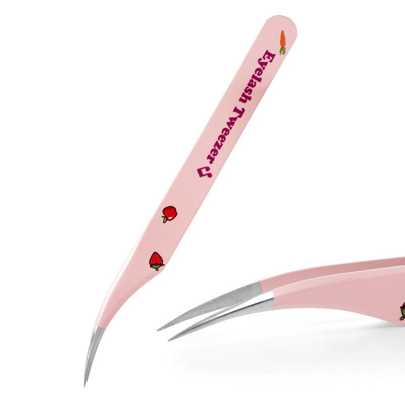Pink Strawberry Tweezers False Eyelashes Grafting Tweezers High Precision Stainless Steel Eyelash Tweezers Color Hand Account Tweezers