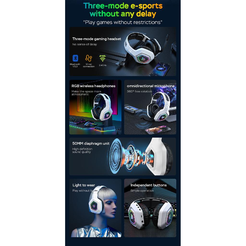 Onikuma B100 Wearable Wired Gaming Headset with Flexible Mic LED Lights Wireless  Earphone Dynamic RGB Lighting Effect 3 Mode Headphones