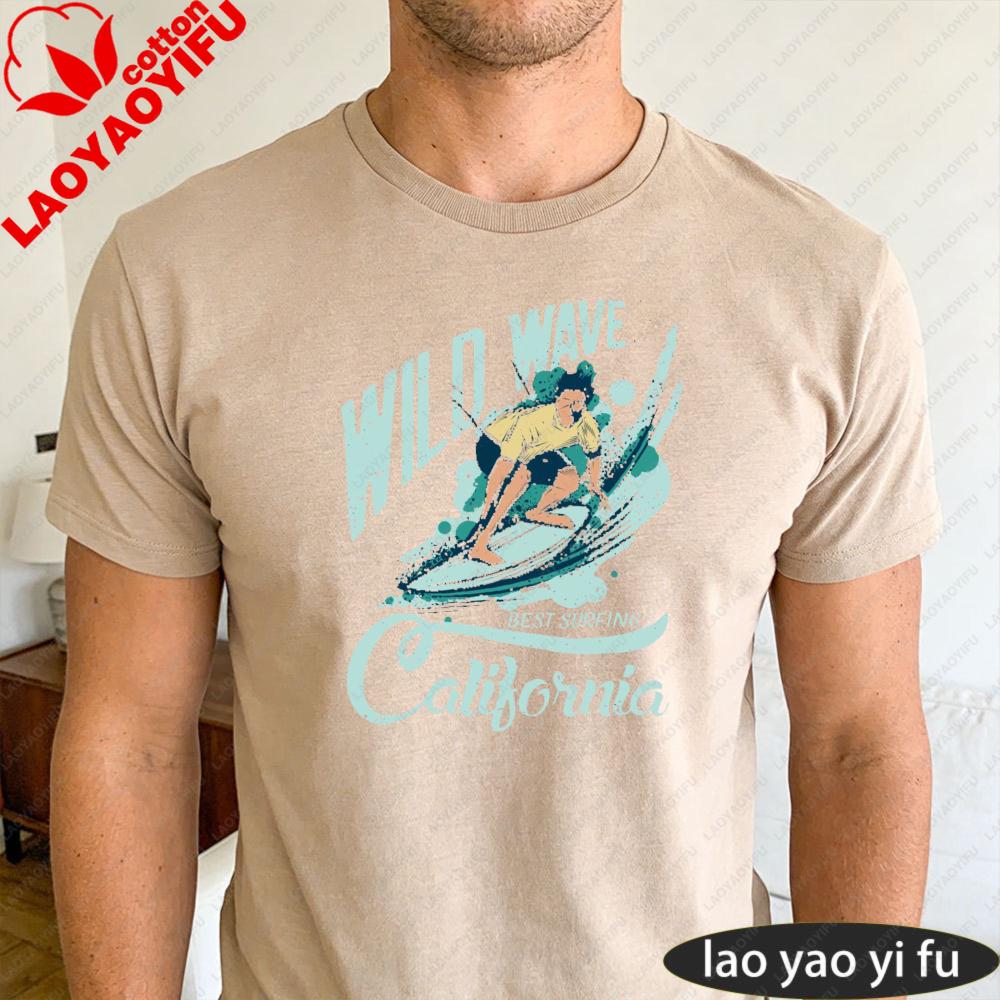 Wild Wave Best Surfing California Graphic T Shirt Unisex Cotton Short Sleeve Retro Arc Font Surfer Meme Casual Daily Outfit