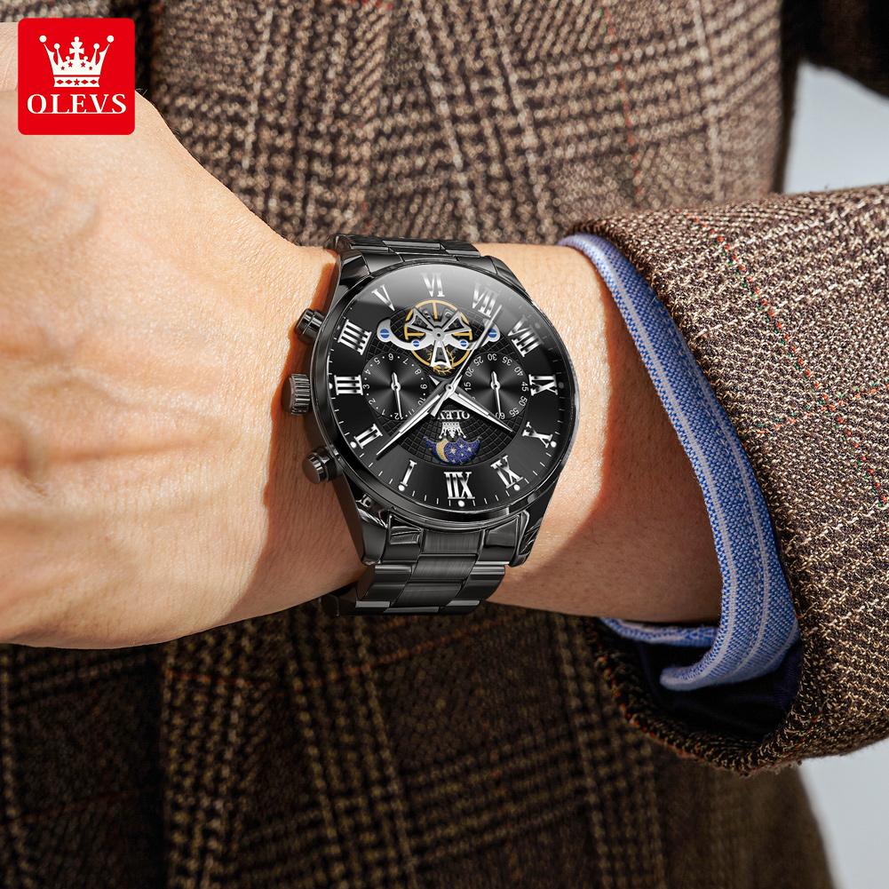 OLEVS Men's Watches Multifunctional Chronograph Flywheel Dial Original Wristwatch Moon Phase Waterproof Watches