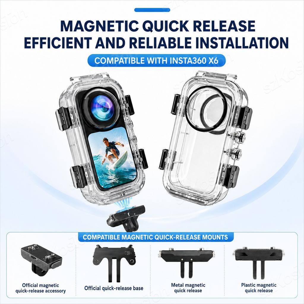 Magnetic Fully Invisible Waterproof Case for Insta161 X6 61M Underwater Protective Diving Housing Shell Cover Camera Accessories