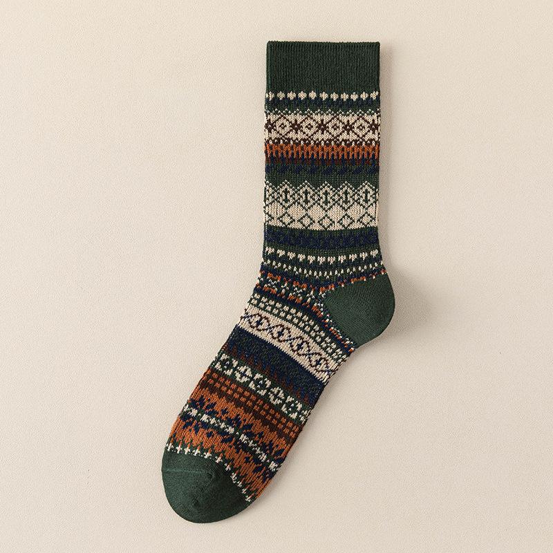 Men's Double Needle Ethnic Mid-Calf Socks - Warm American Retro Kaki for Autumn/Winter