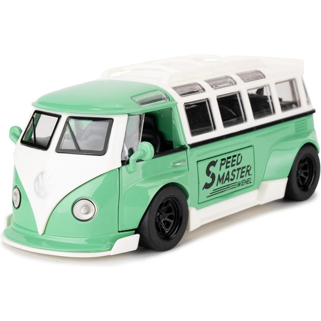 1/32 Scale VK Bus Transporter Model Car with Surfboards Convertible Camping Van, Zinc Alloy Pull Back Toy Car with Sound and Light for Kids Gift
