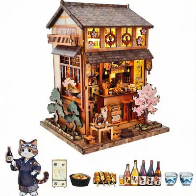 Pixie Curio Cherry Blossom Season Limited Dollhouse Miniature Wooden DIY Yakitori Restaurant with Cat LED Book Color Instructions Perfect for