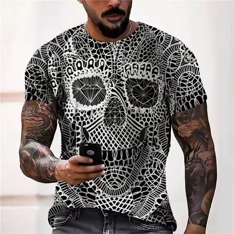 Men's Casual T-Shirt Skull Graphic Black Short Sleeve Crew Neck Tee Cool Streetwear Halloween Fashion Top
