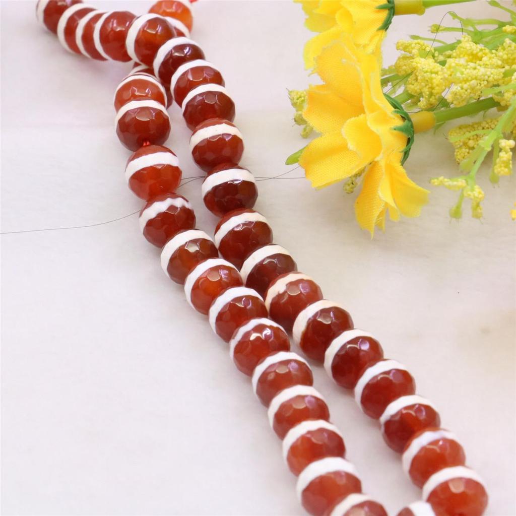 10mm Round Faceted Red Horizontal White Bar Agates Onyx Loose Beads Women Girls DIY Accessory Jewelry Making Design