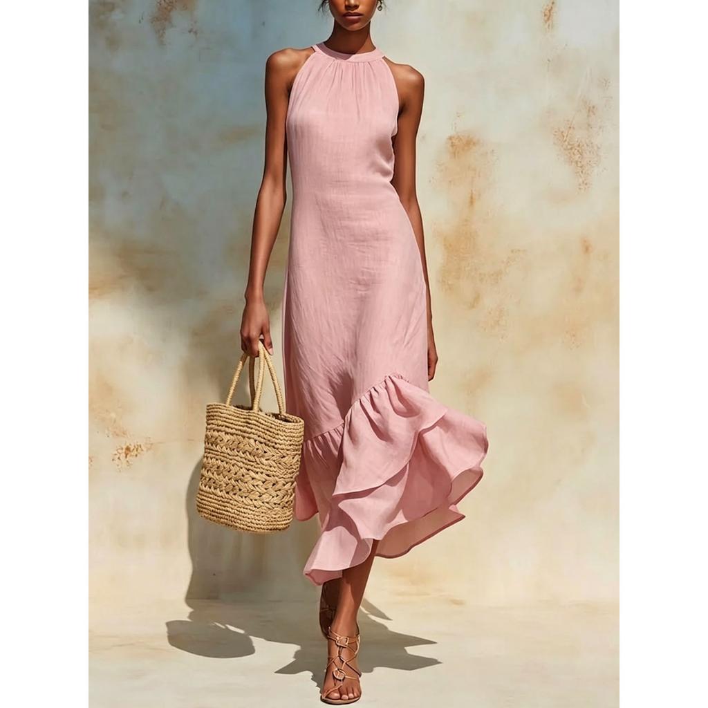Sommer Baumwolle Leinen Neckholder Kleid, Ärmellos Unregelmäßiger Rüschen Meerjungfrauen Saum Maxikleid für Europäische Amerikanische Ferien