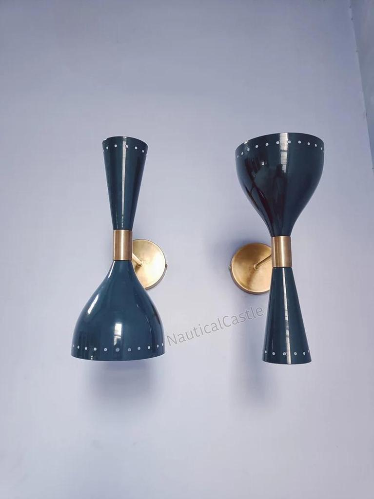 Blue Brass Wall Sconce Pair: Mid Century Italian Diabolo Light