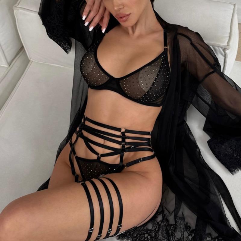 Exclusive Sexy Lingerie Sets featuring Garter Belts Rhinestone Bra Thong Belt 3Pc featuring Leg Circles See Through Bandage Erotic Costume