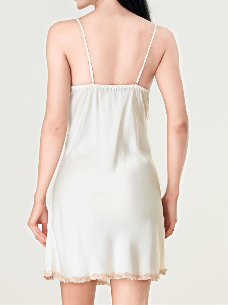 M [Allegra K] Pajamas, Satin, Lace, Slip, Camisole, One-Piece, Babydoll, Nightwear, Innerwear, V-Neck, Women's, Beige,