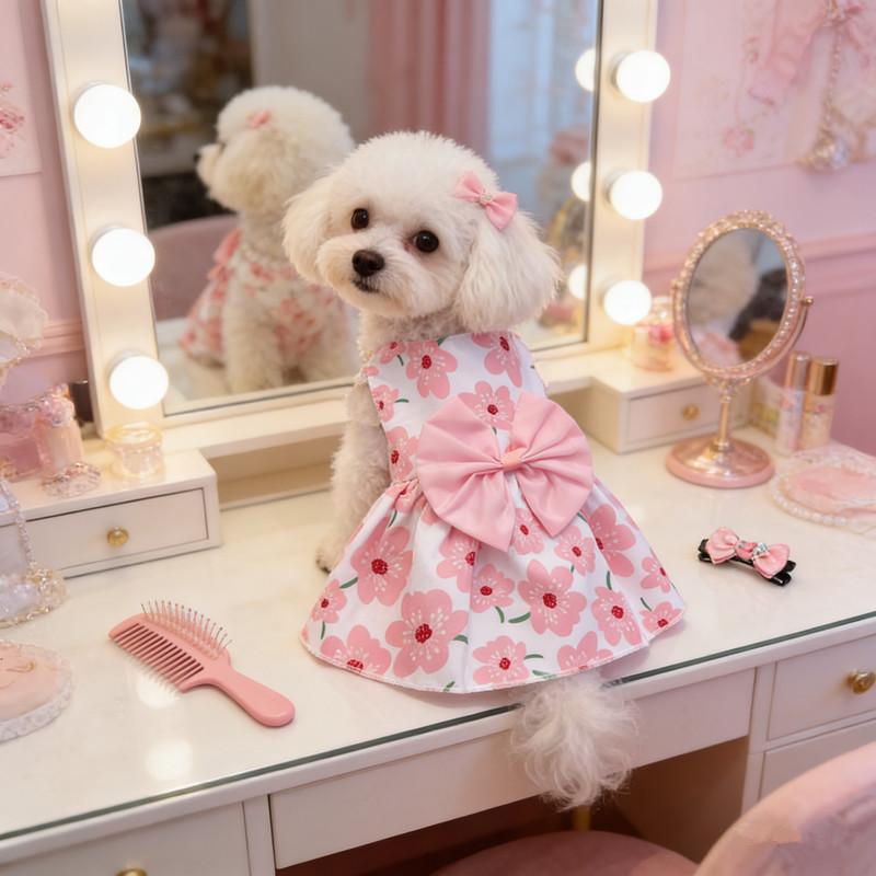 Cat Costume Floral Printed Cat Dog Dress Cute Puppy Princess Skirt Butterfly Skirt Bowknot Pet Skirt Poodle