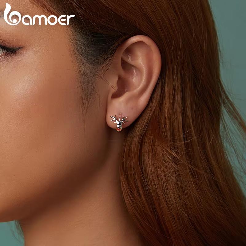 BAMOER 925 Sterling Silver Reindeer Hoop Earrings Lightweight White Gold Plated Christmas Hoop Earrings for Women SCE1812