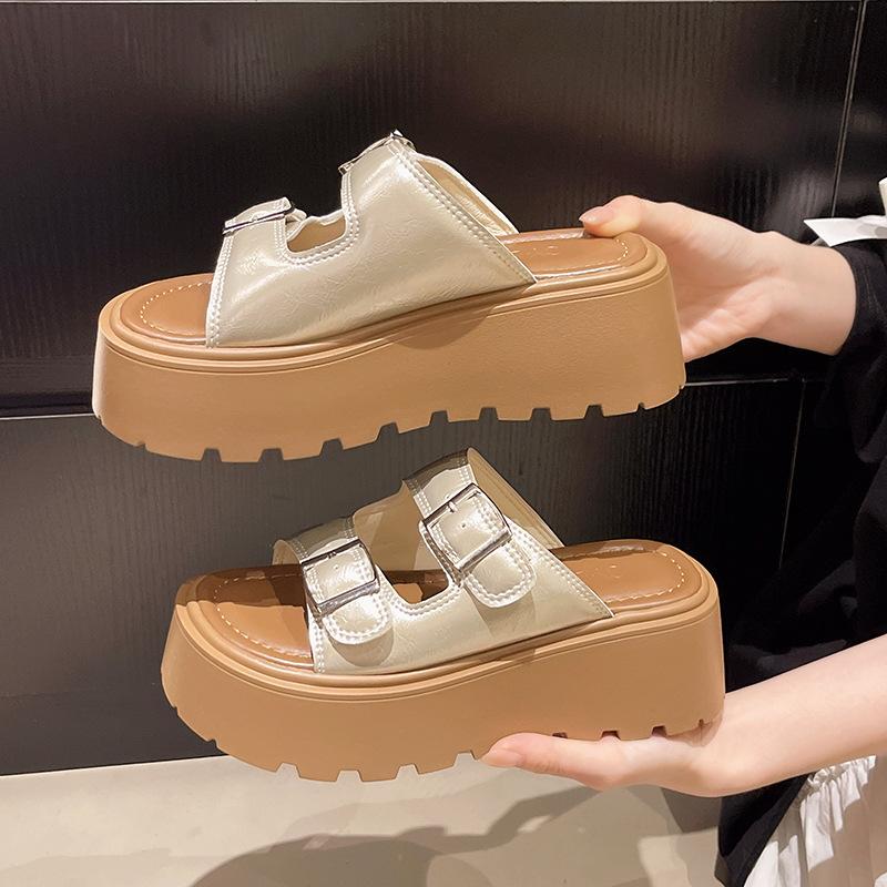 Fashion versatile platform shoes women's summer outer wear beach shoes retro double buckle with new one-word slippers