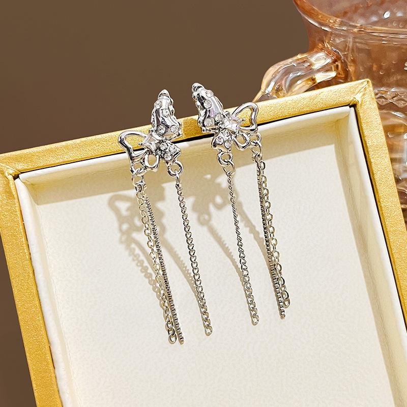 Irregular Liquid Metal Butterfly Flash Diamond Earrings, Asymmetrical Long Cold Wind Lava Water Drop Earrings