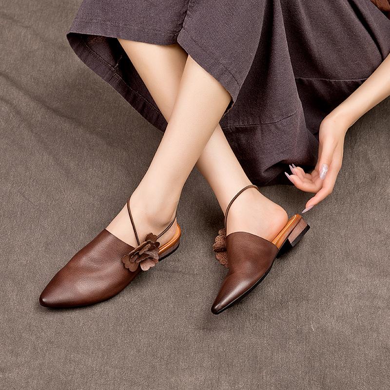 Women's New Spring/Summer Pointed Silk Cowhide Leather Embroidered Middle Heel Large Headed Muller Slippers