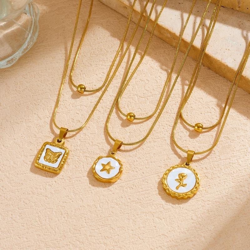 Layered Butterfly Pendant Necklace For Women Gold Plated Stainless Steel Shell Square Jewelry