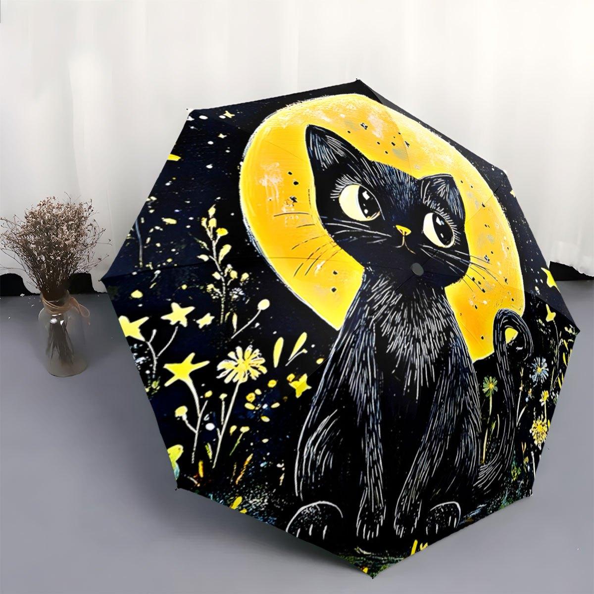 Automatic Open/Close Umbrella with Black Cat, Bright Yellow Moon, Floral & Starry Night Design - Compact Folding Umbrella, 8-R Iron&8K